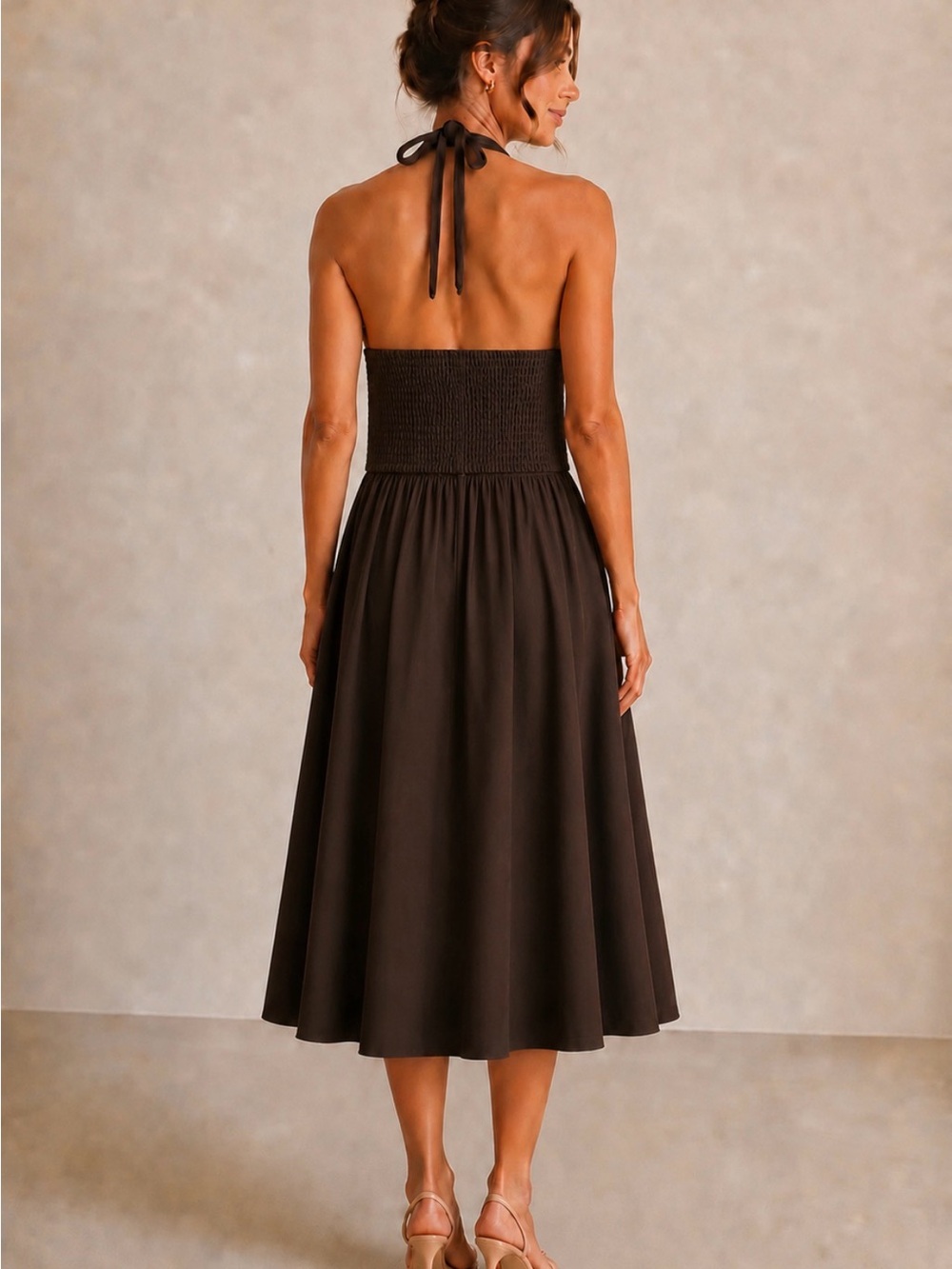 Sleeveless Halter Midi Dress in Chocolate Brown - Picture 2 of 5